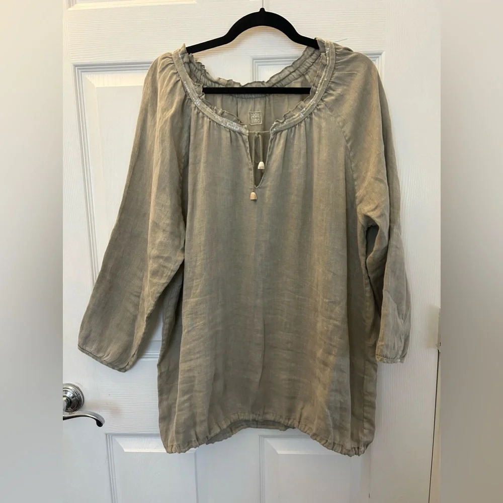 120% Lino Ivory Embellished Pintucked Linen Shirt Size XLarge Long Sleeve